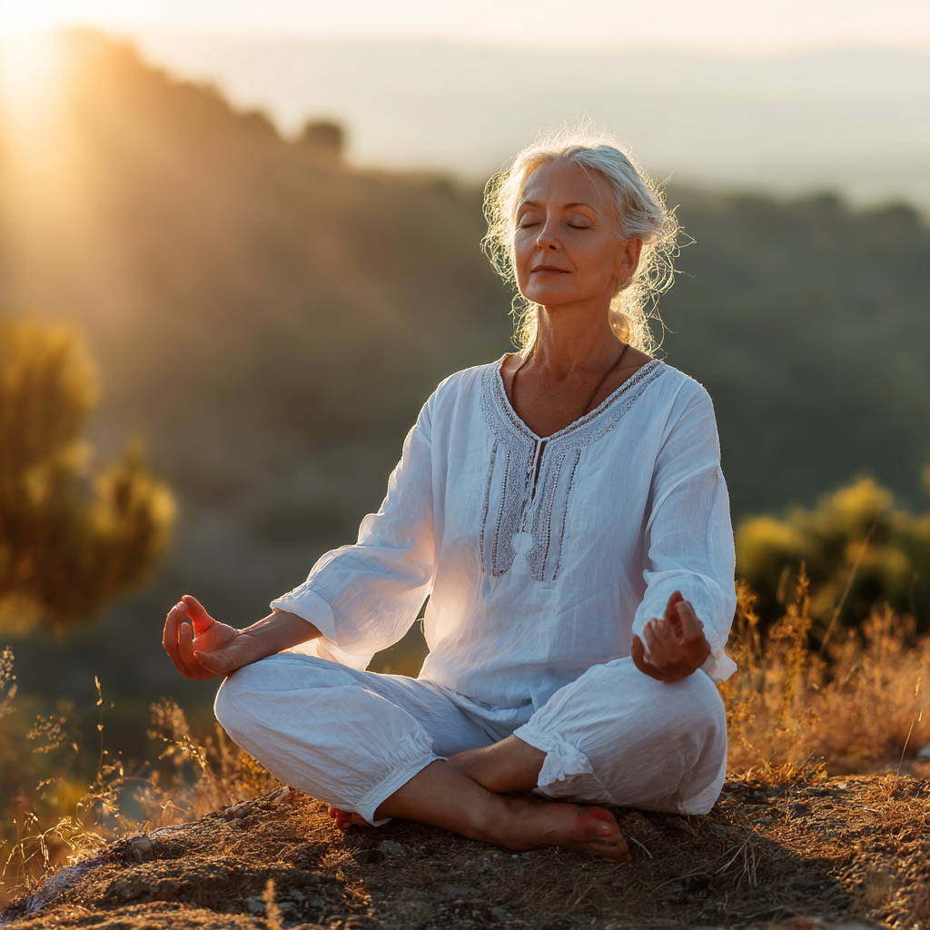 Peaceful Ukrainian woman in her 50s practicing yoga in a serene natural setting, gentle smile, demonstrating mindful movement and breathing