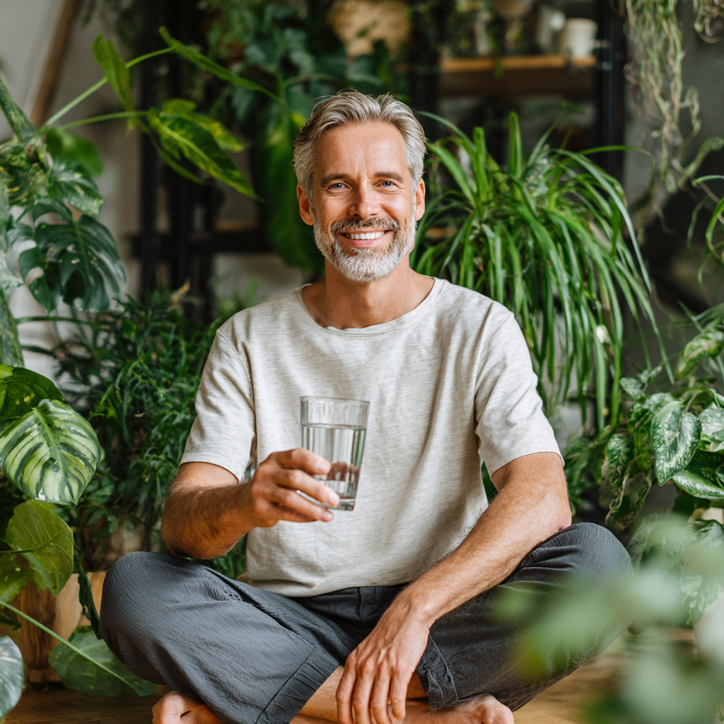 Professional Ukrainian woman in her 40s demonstrating simple yoga stretches that can be done at office desk, promoting workplace wellness